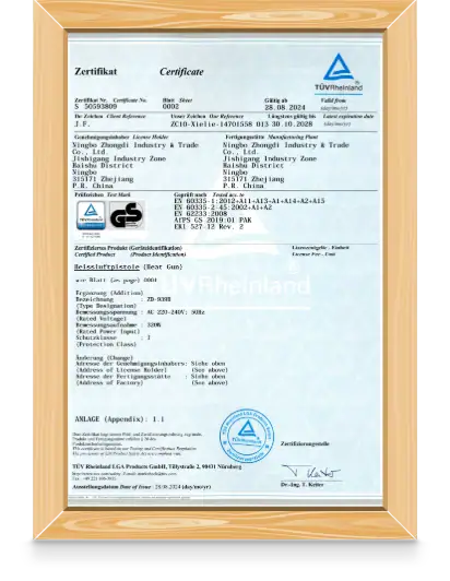Certificate of gun safety certification issued by TÜV Rheinland for a firearm, confirming compliance with safety standards and regulations.