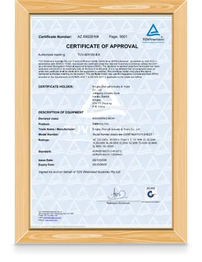 Certificate of approval document for industrial equipment, issued by TUV Rheinland, displayed in a wooden frame.