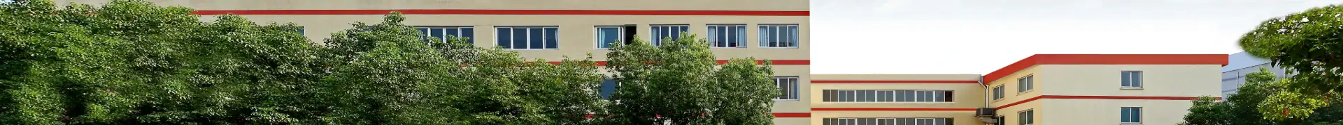 School building with multiple floors and large windows, surrounded by greenery.