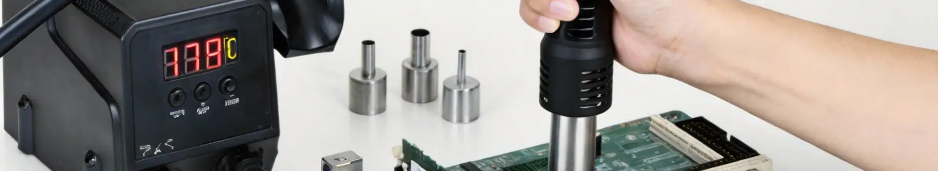 High-precision soldering station with digital temperature control, used for electronics repair and circuit board assembly. Features adjustable heat settings and ergonomic design for detailed work.