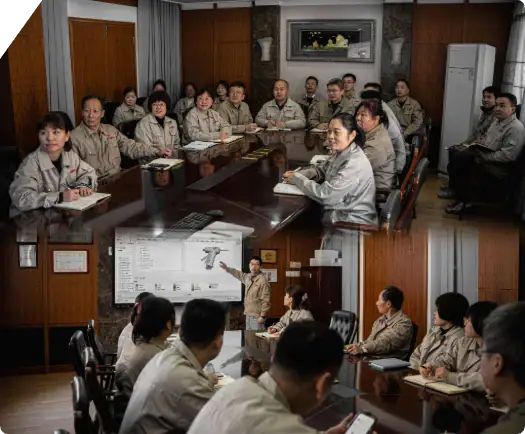 Team meeting in a conference room with employees in uniform, participating in a presentation and discussion.