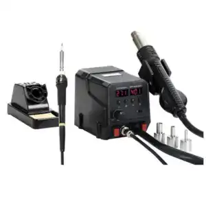 High-precision temperature controlled soldering station with digital display, adjustable settings, and various soldering tips for electronics repair and assembly.