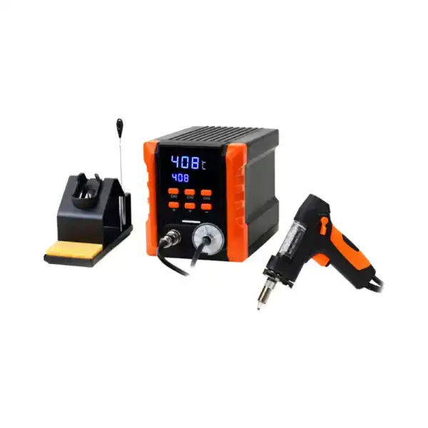 High-precision temperature soldering station with digital display, hot air gun, and soldering iron for electronics repair and assembly. Ideal for professional and hobbyist use.