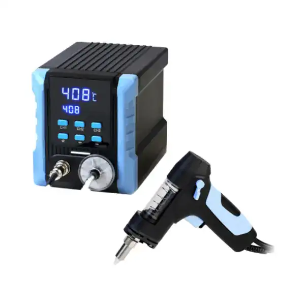 High-precision temperature soldering station with digital display and adjustable settings for electronics repair and assembly. Includes a soldering iron with ergonomic grip and temperature control.