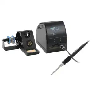 High-precision temperature soldering station with digital display and adjustable settings. Includes soldering iron, stand, and temperature control unit for electronics repair and assembly.
