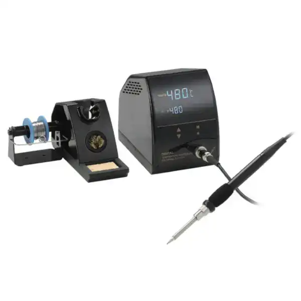 High-precision temperature soldering station with digital display and adjustable settings. Includes soldering iron, stand, and temperature control unit for electronics repair and assembly.