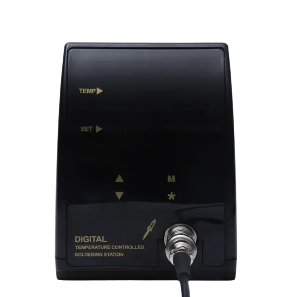 High-quality temperature controlled soldering station with digital display and adjustable settings for accurate soldering tasks. Ideal for electronics repair and assembly.