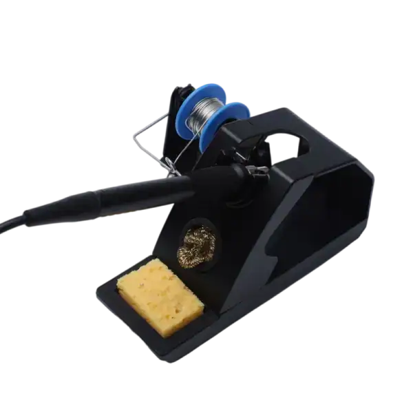 Soldering station with adjustable temperature control, soldering iron, sponge, and spool of solder for precise electronic repairs. Ideal for professional and hobbyist electronics work.