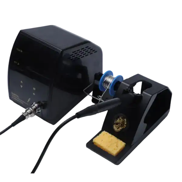 Soldering station with adjustable temperature control, featuring a soldering iron, sponge, and digital display for precise temperature settings. Ideal for electronics repair and assembly.