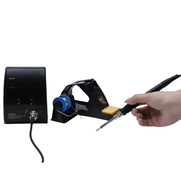 High-precision temperature controlled soldering station with digital display and ergonomic handpiece for electronic soldering tasks.