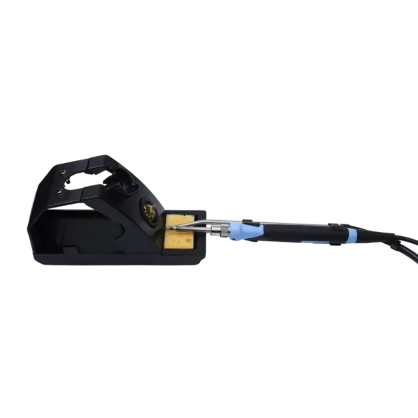 Rework station for electronics repair with soldering iron and hot air tool, ideal for circuit board rework and component replacement. Compact design for precise and efficient electronic repairs.