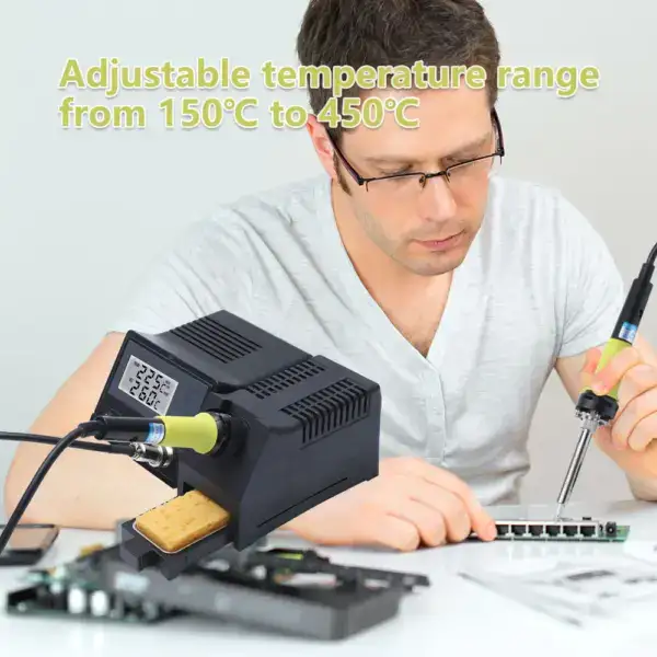 High-precision temperature controlled soldering station with adjustable range from 150°C to 450°C, ideal for electronics repair and soldering projects.