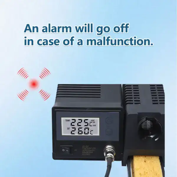 Advanced soldering station with temperature regulation and safety alarm.