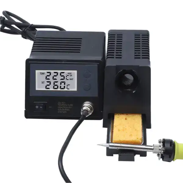 High-precision temperature controlled soldering station with digital display, adjustable settings, and ergonomic design for electronics repair and soldering tasks.