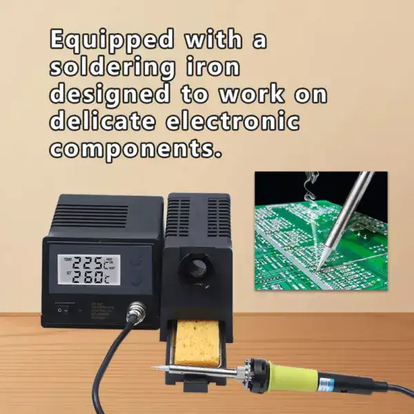High-precision temperature soldering station with digital display and adjustable settings for delicate electronic components. Ideal for professional electronics assembly and repair tasks.