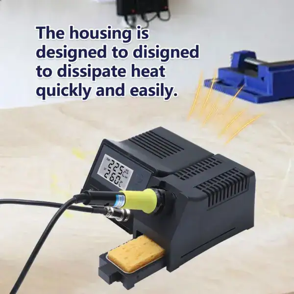 Soldering station with digital temperature display and heat dissipation housing. Ideal for precise soldering tasks in electronics repair and assembly.