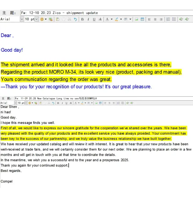 Shipment update showing product condition and communication with customer regarding order and partnership.
