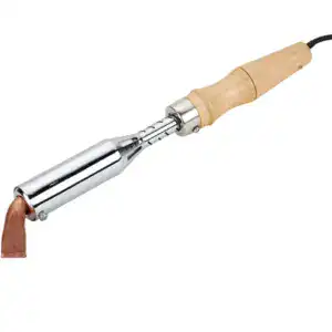High watt soldering iron with wooden handle and metal tip for precise electronic soldering tasks. Ideal for professional and hobbyist use in electronics repair and assembly.
