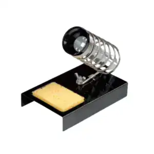 Microscope with a metal frame, eyepiece, and adjustable focus, placed on a black base with a yellow sponge and slide for scientific experiments and educational purposes.