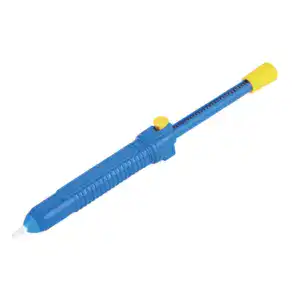 Adjustable blue water level gauge with yellow measurement indicator, ideal for monitoring water levels in aquariums, pools, and water tanks. Durable plastic construction with precise measurement marki.