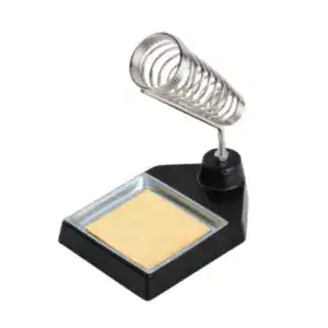 Soldering iron stand with sponge and coil holder for safe and organized soldering workspace.