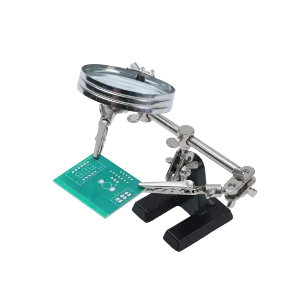 High-precision soldering magnifier with adjustable arm and LED light for detailed electronic work.