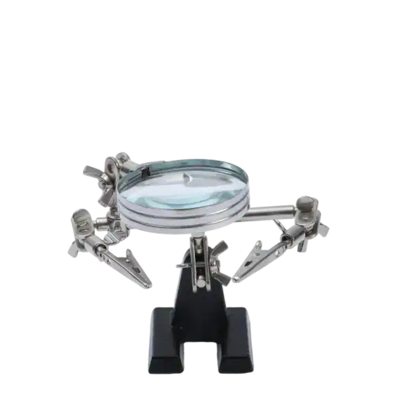 Close-up of a precision soldering magnifying glass with adjustable arms and a large lens for detailed electronic work.