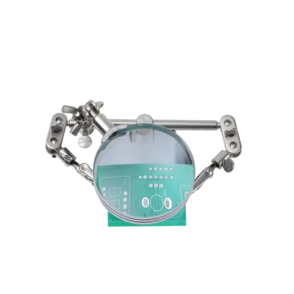 Magnifying glass for soldering with adjustable arms and LED light.