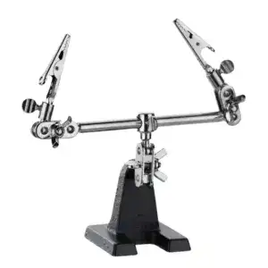 Precision third hand soldering stand with adjustable arms for electronics and circuit board work. Ideal for holding components securely during soldering.