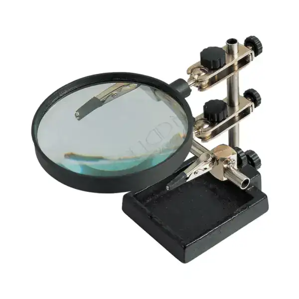 High-precision soldering station featuring a magnifying glass for detailed electronic work. Ideal for professional and hobbyist electronics repair, offering enhanced visibility and accuracy.