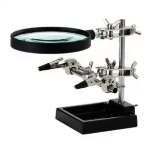 High-quality soldering station with adjustable magnifier for precise electronic work and detailed inspection. Ideal for electronics repair, soldering, and circuit board assembly.