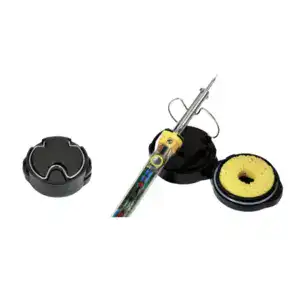 Soldering iron kit with a yellow handle, stand, and cleaning sponge for electronics repair and DIY projects. Compact and easy to use for precise soldering tasks.