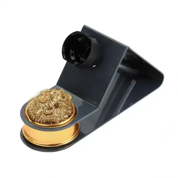 High-quality soldering iron stand with brass cleaning sponge for safe and efficient soldering. Durable black metal holder designed to keep soldering irons secure and organized during electronic work.