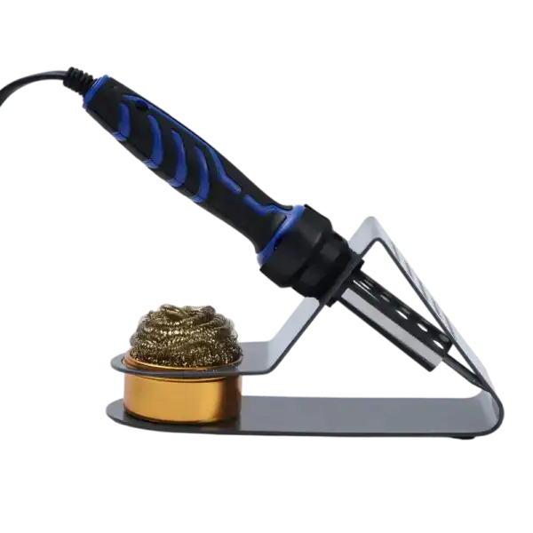 Soldering iron stand holding a soldering iron with a blue handle, placed on a metal stand with a brass sponge for cleaning the tip.
