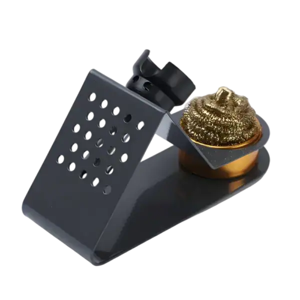 A soldering iron stand featuring a metal holder, a sponge for cleaning tips, and a stable base, ideal for safe and organized soldering work.