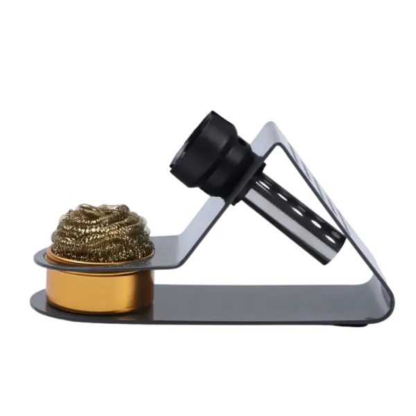 Soldering iron stand featuring a black holder, sponge, and brass cleaning pad, designed for safe and organized soldering work. Ideal for electronics and DIY projects.
