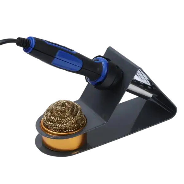 High-quality soldering iron stand with a coil of solder and a soldering iron resting securely on the stand. Ideal for electronics repair and soldering projects, providing safety and convenience.