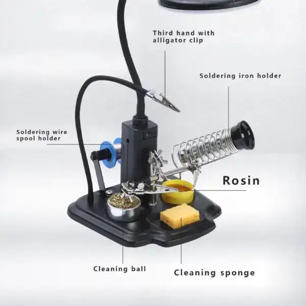 Helping hands soldering station with alligator clip for precise soldering work.