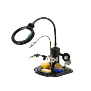 Magnifying glass with adjustable LED light for precise soldering and electronic repair work. Features a sturdy base, flexible arm, and various tools for detailed electronics projects.