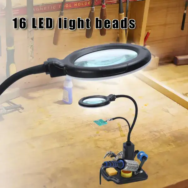 Magnifying glass with LED light for soldering and electronic projects, featuring adjustable stand and bright illumination for precise work.
