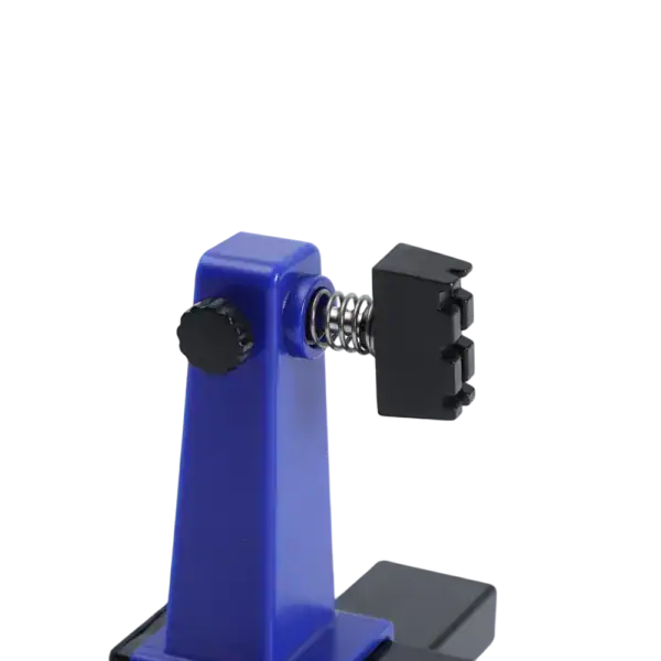 Blue circuit board clamp with adjustable screw for secure holding during electronic repair and assembly processes. Ideal for PCB work, testing, and soldering.
