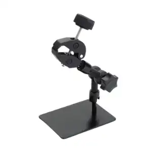 Adjustable camera mount clamp with stand, ideal for photography, videography, and studio setups. Features a sturdy base and flexible arm for secure positioning of cameras and accessories.