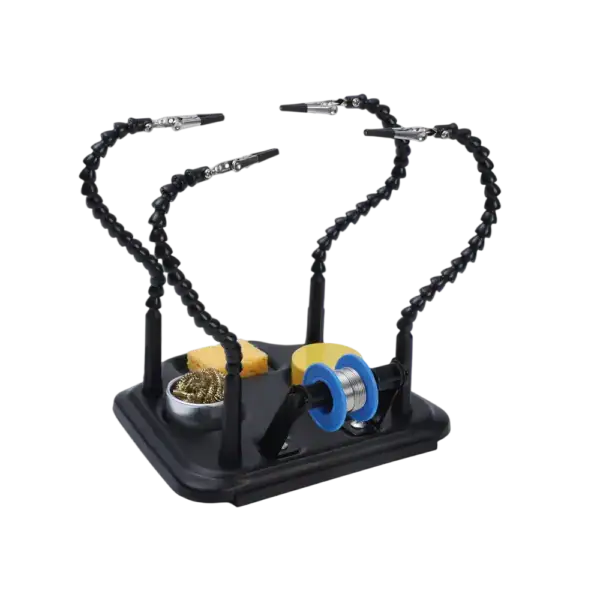 Helping hands soldering station with adjustable arms, alligator clips, magnifying glass, and soldering accessories for precise electronic work.