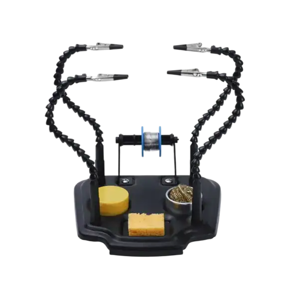 Helping hands for soldering with adjustable arms and magnifying glass for precise electronic work.