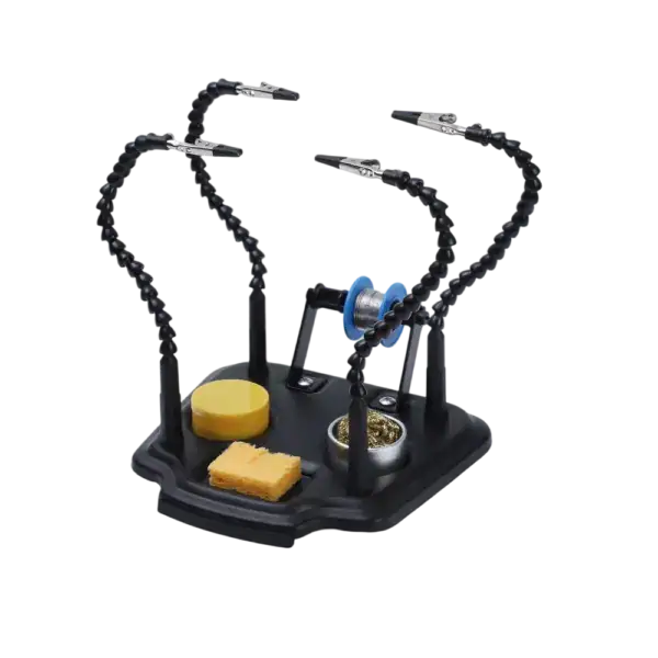 Soldering helping hands with adjustable arms and magnifying glass for precise electronic work.