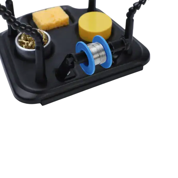 Helping hands soldering station with adjustable arms, magnifying glass, and tools for detailed electronic work. Ideal for hobbyists and professionals to hold components steady during soldering.