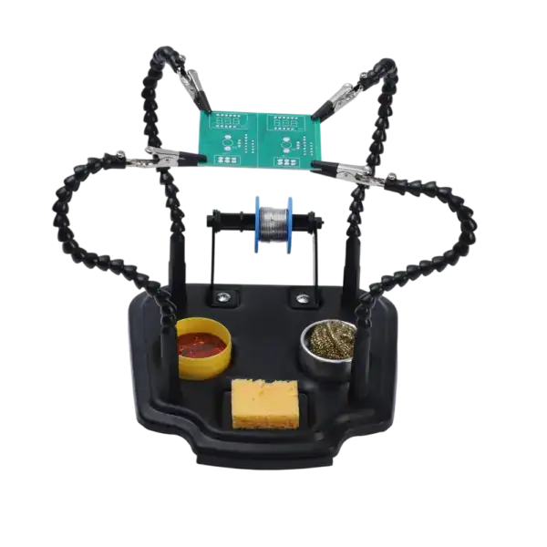 Helping hands soldering station with adjustable arms, helping hold circuit boards and components securely during soldering tasks. Ideal for electronics projects and DIY repairs.