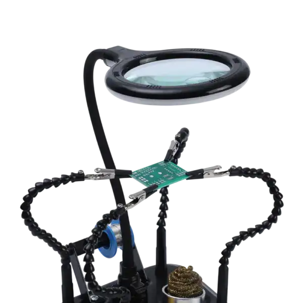 High-quality LED soldering magnifier station with adjustable lighting and magnification for precise electronic repairs. Ideal for detailed soldering work and circuit board inspection.