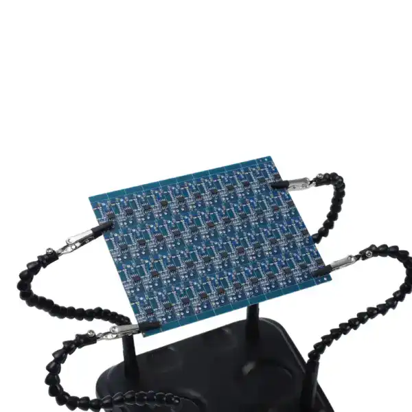 Soldering helping hand holding a circuit board with adjustable arms and alligator clips, ideal for precise electronics assembly and repair.