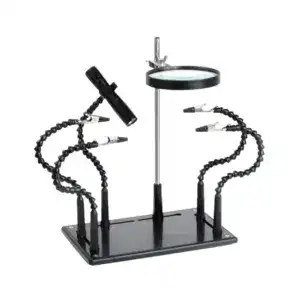 Versatile third hand soldering stand with adjustable arms, magnifying glass, and alligator clips, ideal for precise soldering, circuit board work, and electronic component assembly.